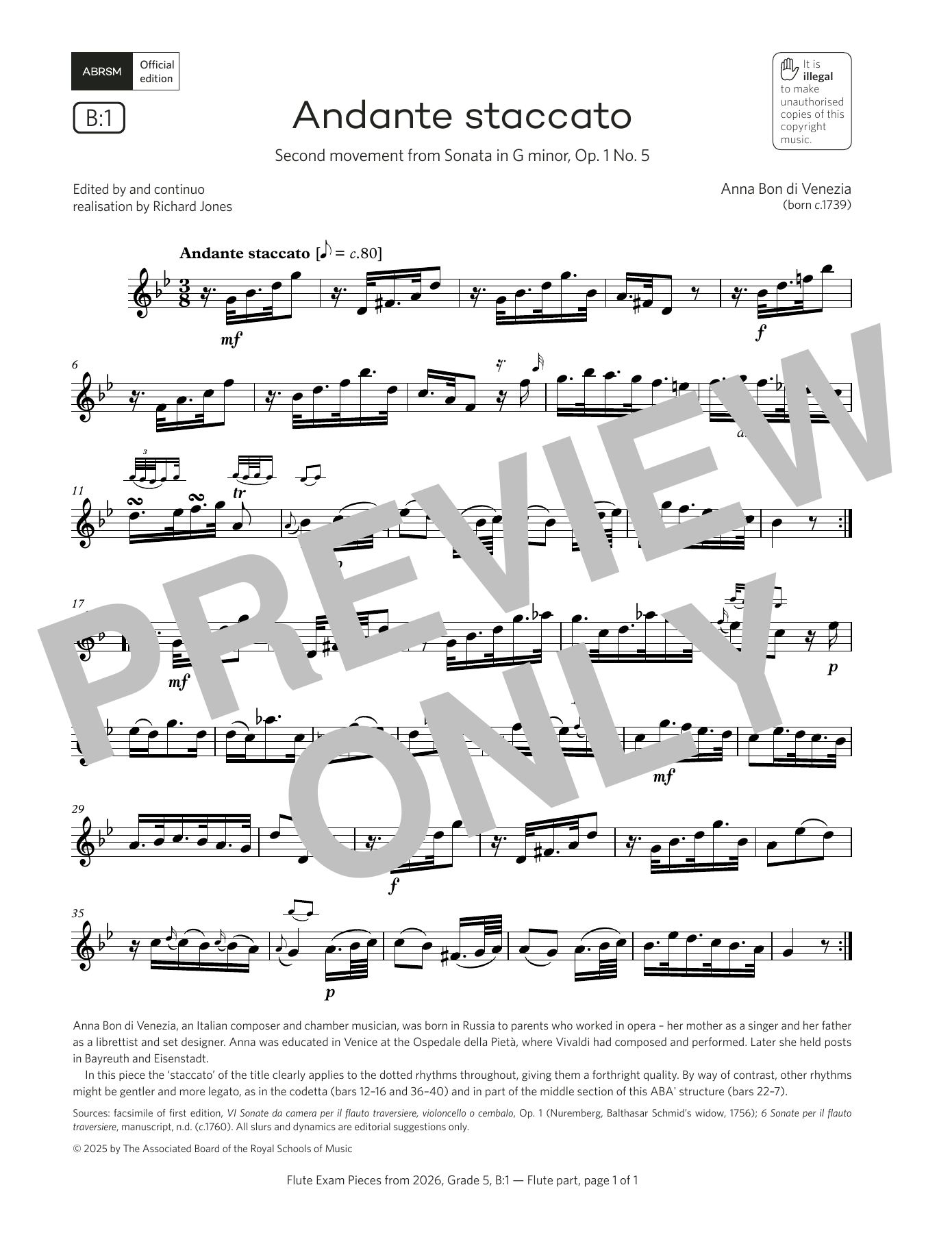 Anna Bon di Venezia Andante staccato (Grade 5, list B1, from the ABRSM Flute Syllabus from 2026) Sheet Music & Chords for Flute Solo - Download or Print PDF