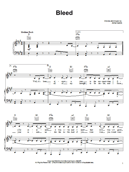 Preview Anna Nalick Bleed Pop sheet music, notes and chords for Piano, Vocal & Guitar (Right-Hand Melody), SKU: 55160 Download Anna Nalick Bleed sheet music and printable PDF score & Pop music notes