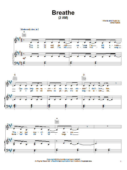 Download Anna Nalick Breathe (2 AM) sheet music and printable PDF score & Rock music notes