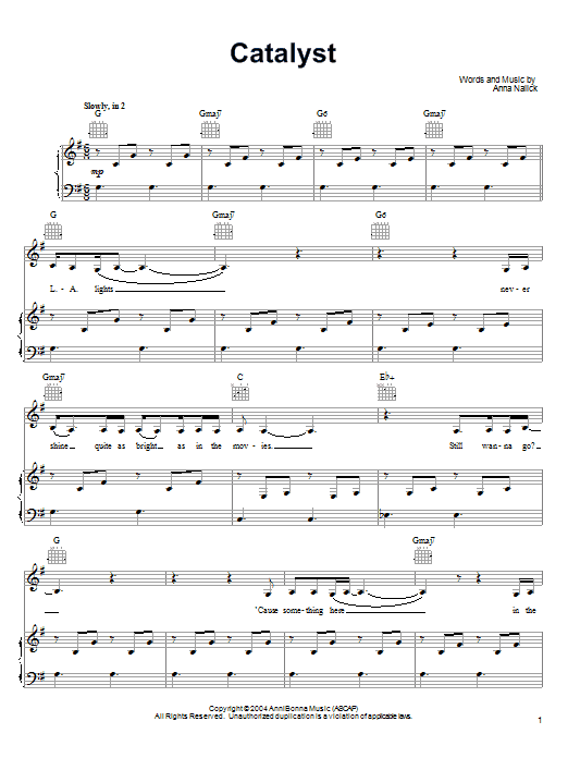 Preview Anna Nalick Catalyst Pop sheet music, notes and chords for Piano, Vocal & Guitar (Right-Hand Melody), SKU: 55197 Download Anna Nalick Catalyst sheet music and printable PDF score & Pop music notes