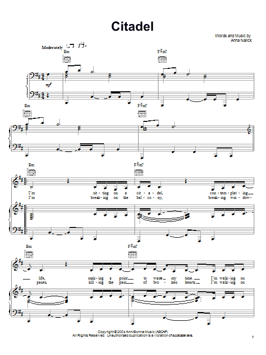 Preview Anna Nalick Citadel Pop sheet music, notes and chords for Piano, Vocal & Guitar (Right-Hand Melody), SKU: 55165 Download Anna Nalick Citadel sheet music and printable PDF score & Pop music notes
