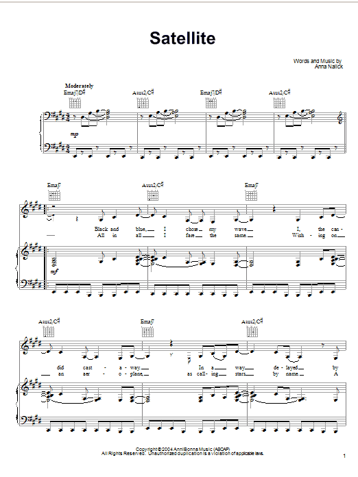 Preview Anna Nalick Satellite Pop sheet music, notes and chords for Piano, Vocal & Guitar (Right-Hand Melody), SKU: 55161 Download Anna Nalick Satellite sheet music and printable PDF score & Pop music notes