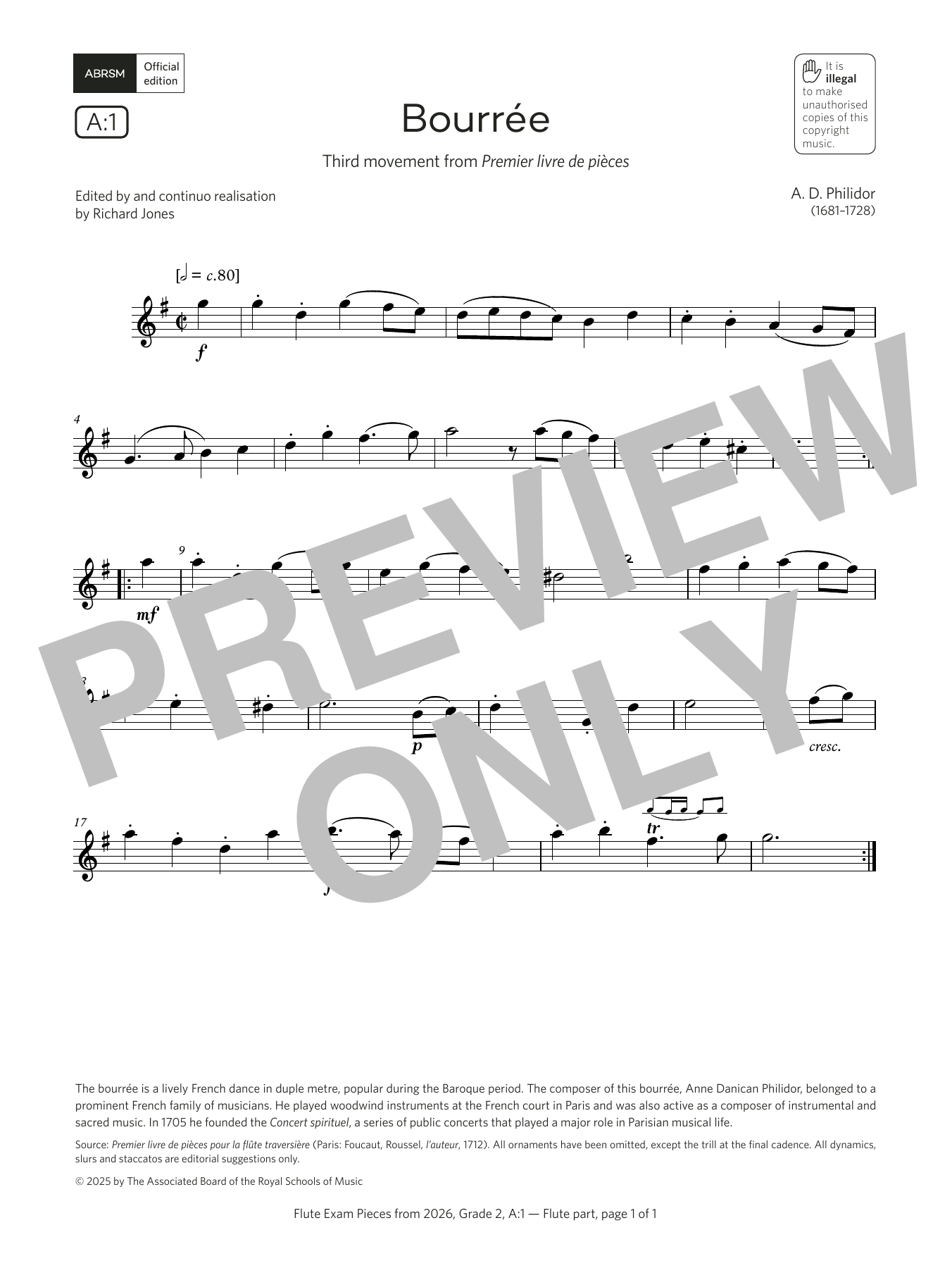Anne Danican Philidor Bourrée (Grade 2, list A1, from the ABRSM Flute Syllabus from 2026) Sheet Music & Chords for Flute Solo - Download or Print PDF