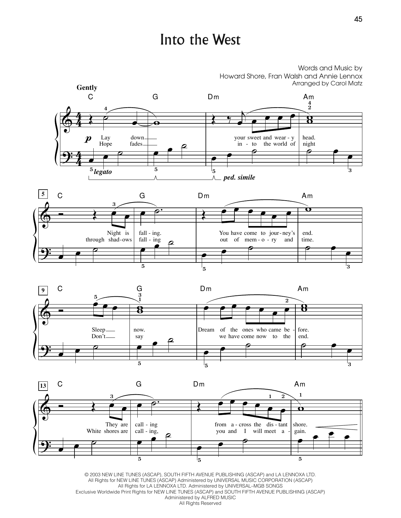 Annie Lennox Into The West (from The Lord Of The Rings: The Return Of The King) (arr. Carol Matz) Sheet Music & Chords for Big Note Piano - Download or Print PDF