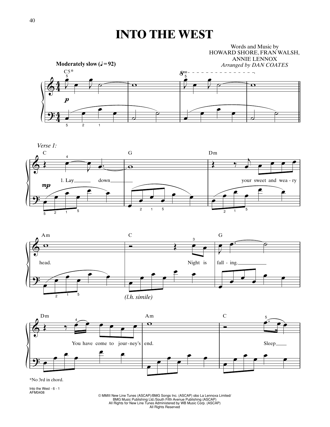 Annie Lennox Into The West (from The Lord Of The Rings: The Return Of The King) (arr. Dan Coates) Sheet Music & Chords for Easy Piano - Download or Print PDF