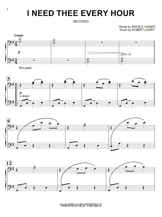 Preview Annie S. Hawks I Need Thee Every Hour Hymn sheet music, notes and chords for Piano Duet, SKU: 54894 Download Annie S. Hawks I Need Thee Every Hour sheet music and printable PDF score & Hymn music notes