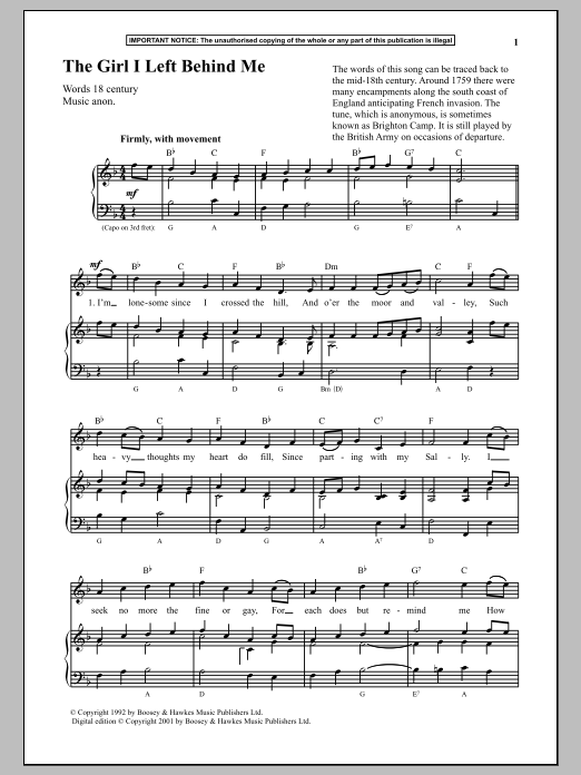 Preview Anonymous The Girl I Left Behind Me Unclassified sheet music, notes and chords for Piano, SKU: 89564 sheet music, piano notes, chords, guitar tabs, score, transpose, transcribe, how to play, guide, download, learn, tutorial, progression, song, artist, awards, billboard, mtv, vh1, tour, single, album, release