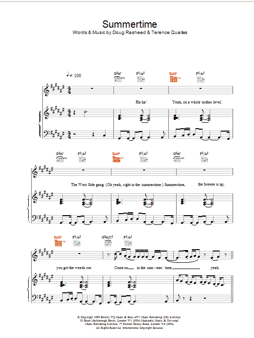 Preview Another Level Summertime Pop sheet music, notes and chords for Piano, Vocal & Guitar, SKU: 13859 Download Another Level Summertime sheet music and printable PDF score & Pop music notes