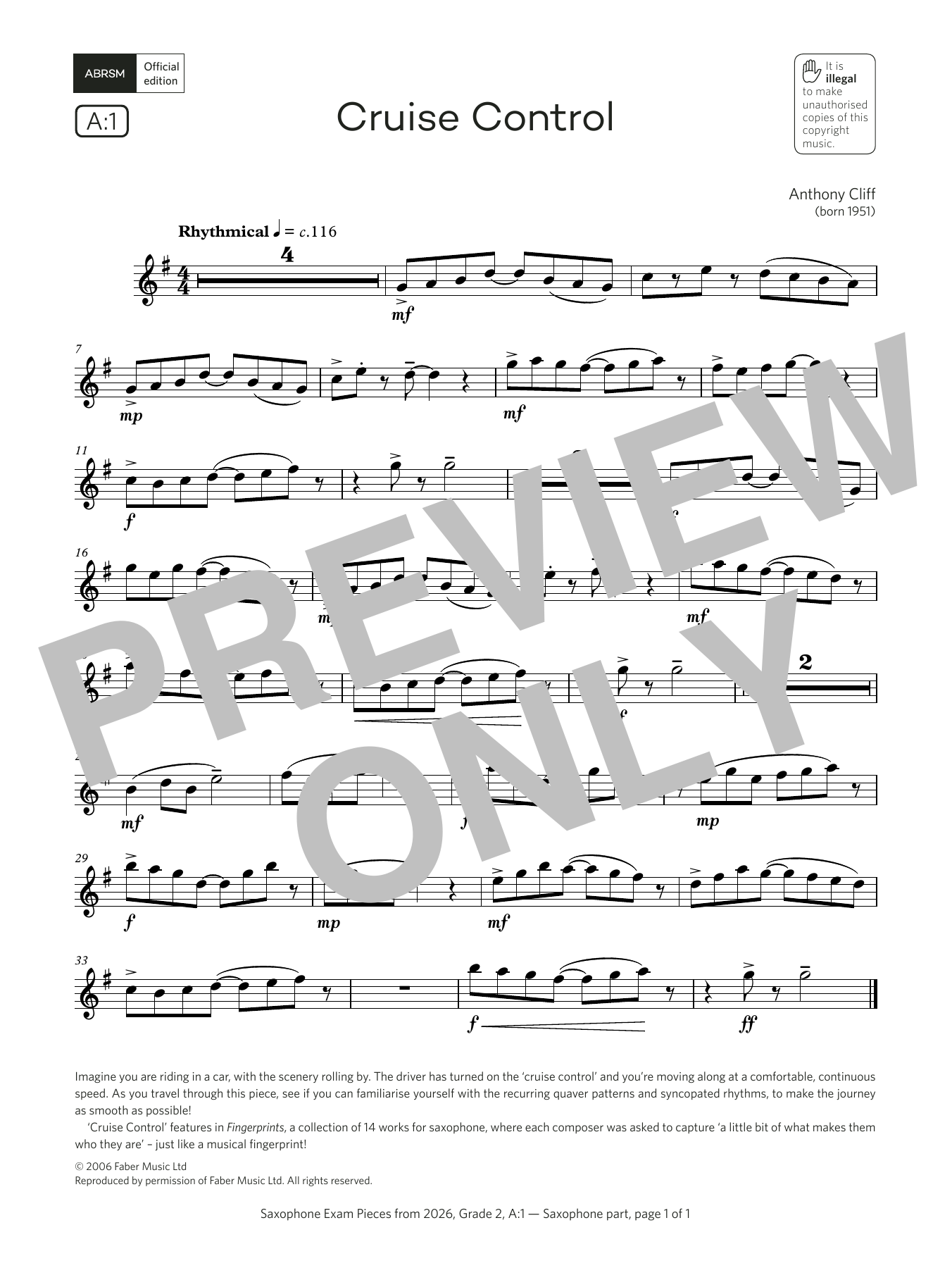 Anthony Cliff Cruise Control (Grade 2, list A1, from the ABRSM Saxophone Syllabus from 2026) Sheet Music & Chords for Alto Sax Solo - Download or Print PDF