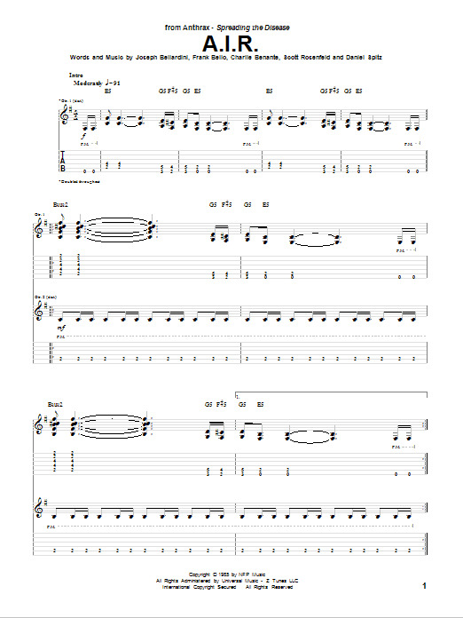 Preview Anthrax A.I.R. Pop sheet music, notes and chords for Guitar Tab, SKU: 75679 Download Anthrax A.I.R. sheet music and printable PDF score & Pop music notes