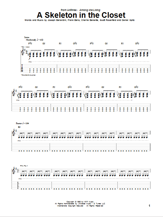 Preview Anthrax A Skeleton In The Closet Pop sheet music, notes and chords for Guitar Tab, SKU: 75684 Download Anthrax A Skeleton In The Closet sheet music and printable PDF score & Pop music notes