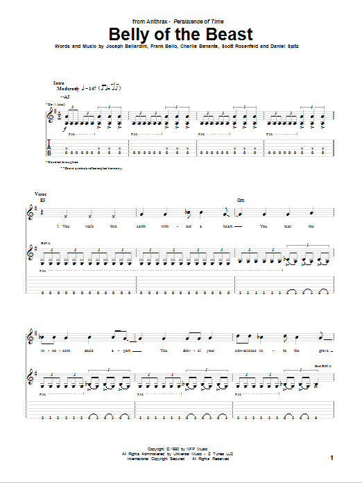 Preview Anthrax Belly Of The Beast Pop sheet music, notes and chords for Guitar Tab, SKU: 75678 Download Anthrax Belly Of The Beast sheet music and printable PDF score & Pop music notes