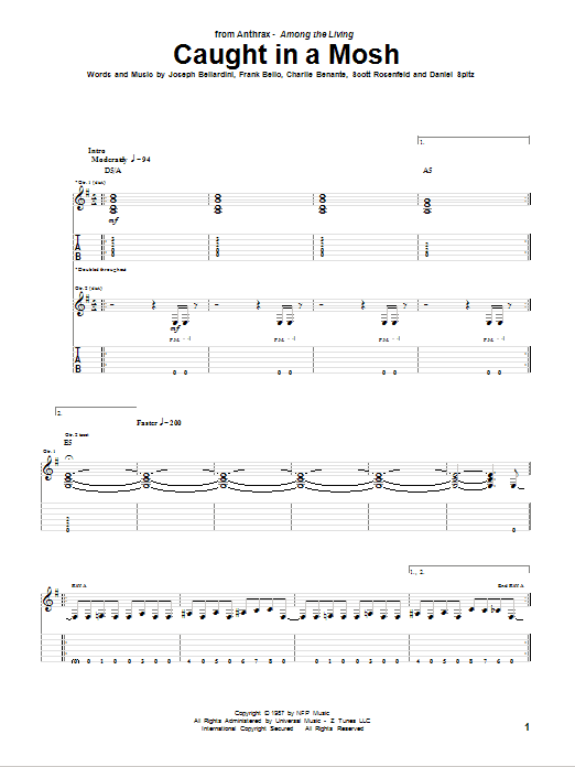 Preview Anthrax Caught In A Mosh Pop sheet music, notes and chords for Guitar Tab, SKU: 75673 Download Anthrax Caught In A Mosh sheet music and printable PDF score & Pop music notes