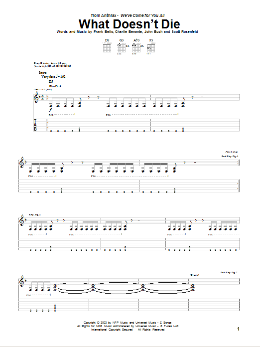 Preview Anthrax What Doesn't Die Pop sheet music, notes and chords for Guitar Tab, SKU: 75686 Download Anthrax What Doesn't Die sheet music and printable PDF score & Pop music notes