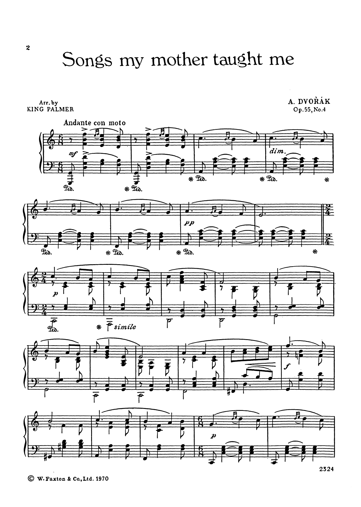 Download Antonín Dvorák Songs My Mother Taught Me sheet music and printable PDF score & Classical music notes