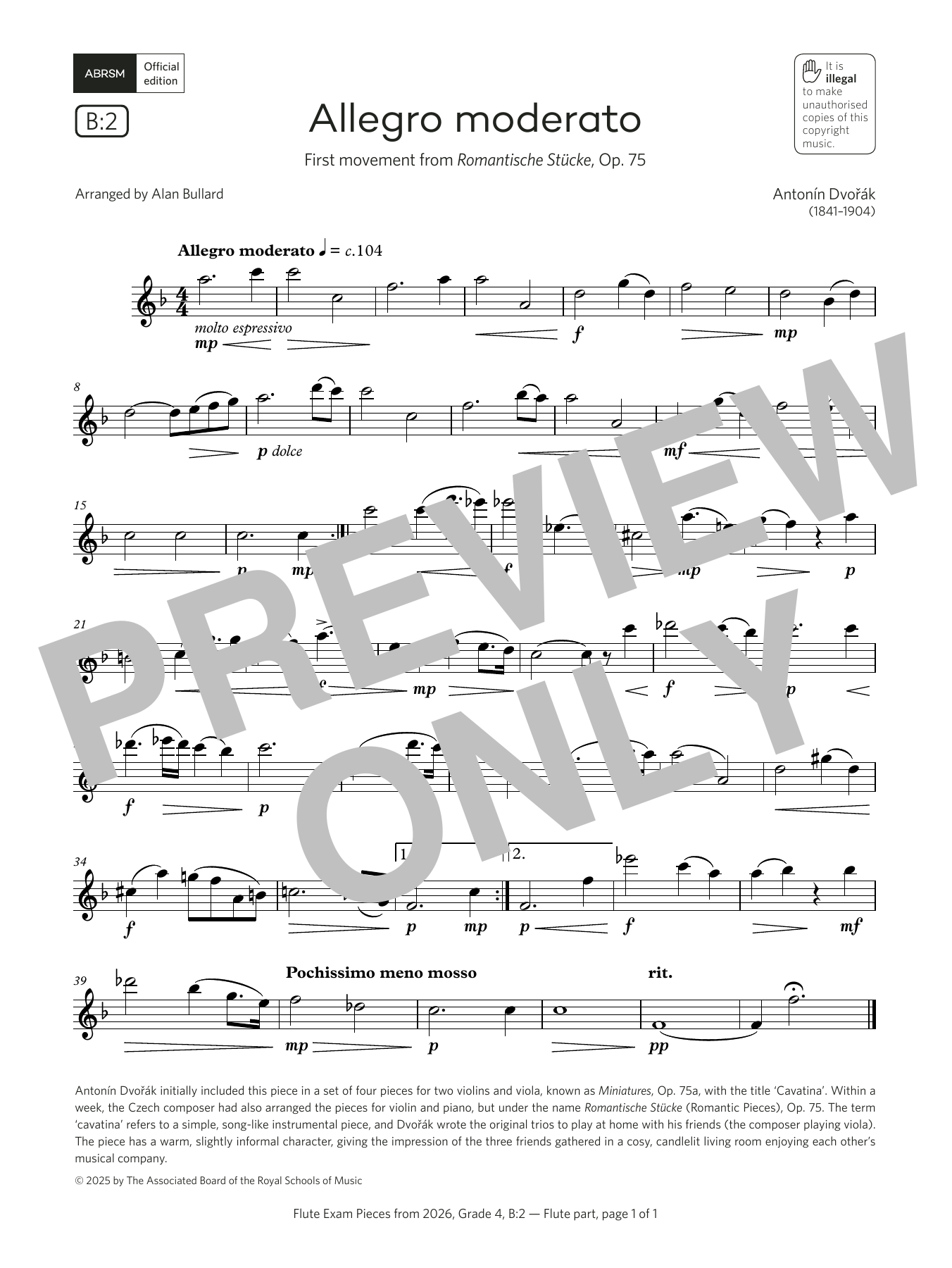 Antonín Dvorák Allegro moderato (Grade 4, list B2, from the ABRSM Flute Syllabus from 2026) Sheet Music & Chords for Flute Solo - Download or Print PDF