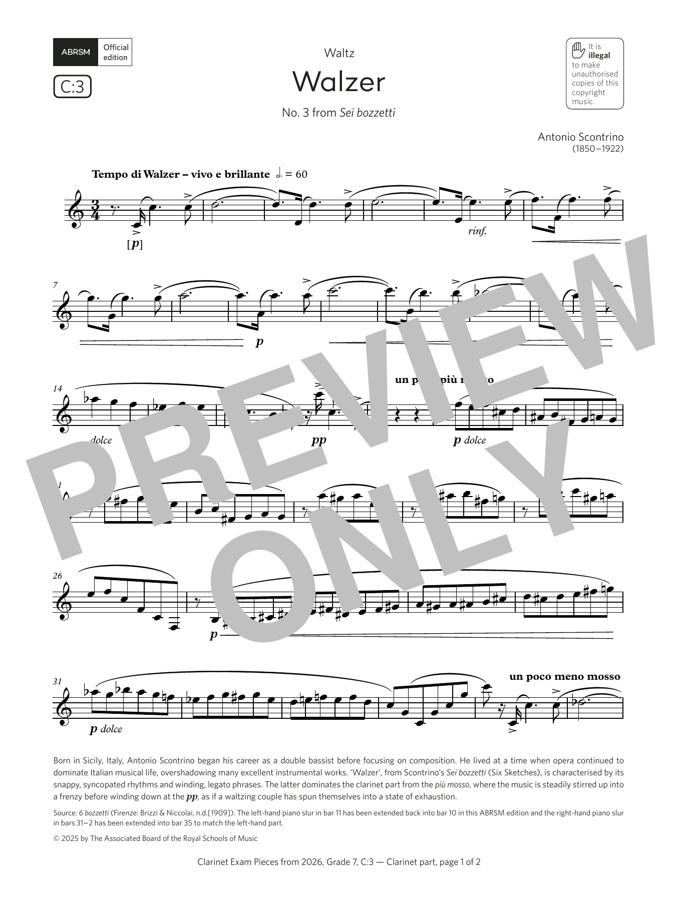 Antonio Scontrino Walzer (Grade 7, list C3, from the ABRSM Clarinet Syllabus from 2026) Sheet Music & Chords for Clarinet Solo - Download or Print PDF