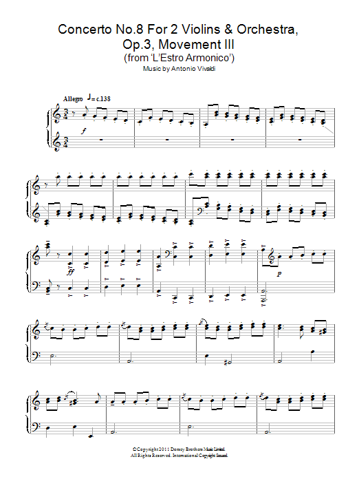 Antonio Vivaldi Concerto No.8 For 2 Violins & Orchestra, Op.3, Movement III (From ‘L'estro Armonico') Sheet Music & Chords for Piano - Download or Print PDF