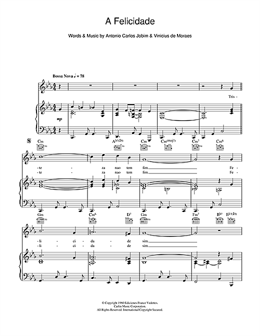 Preview Antonio Carlos Jobim A Felicidade Latin sheet music, notes and chords for Piano, Vocal & Guitar (Right-Hand Melody), SKU: 107889 sheet music, piano notes, chords, guitar tabs, score, transpose, transcribe, how to play, guide, download, learn, tutorial, progression, song, artist, awards, billboard, mtv, vh1, tour, single, album, release