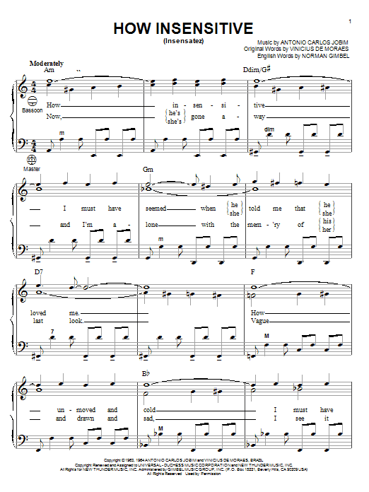 Download Antonio Carlos Jobim How Insensitive (Insensatez) sheet music and printable PDF score & Jazz music notes