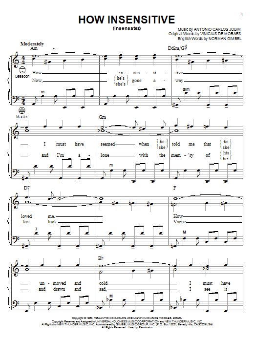 Preview Antonio Carlos Jobim How Insensitive (Insensatez) Jazz sheet music, notes and chords for Piano, SKU: 28159 sheet music, piano notes, chords, guitar tabs, score, transpose, transcribe, how to play, guide, download, learn, tutorial, progression, song, artist, awards, billboard, mtv, vh1, tour, single, album, release