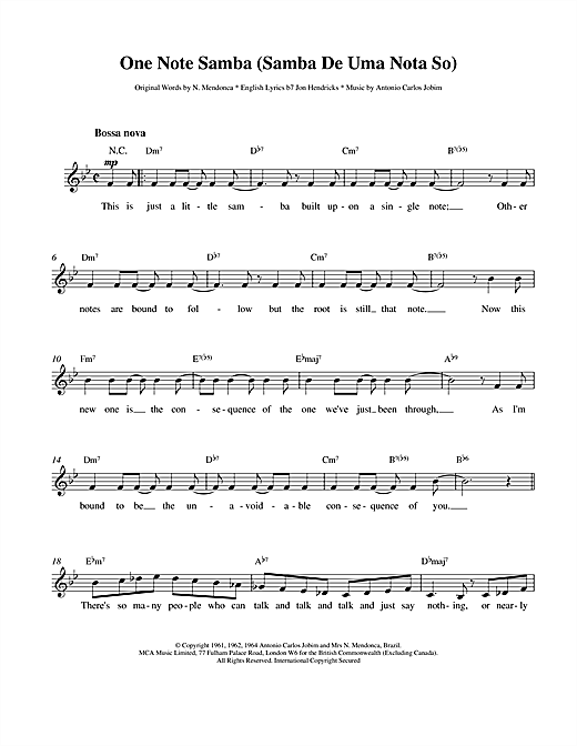 Preview Antonio Carlos Jobim One Note Samba Jazz sheet music, notes and chords for Melody Line, Lyrics & Chords, SKU: 14131 sheet music, piano notes, chords, guitar tabs, score, transpose, transcribe, how to play, guide, download, learn, tutorial, progression, song, artist, awards, billboard, mtv, vh1, tour, single, album, release