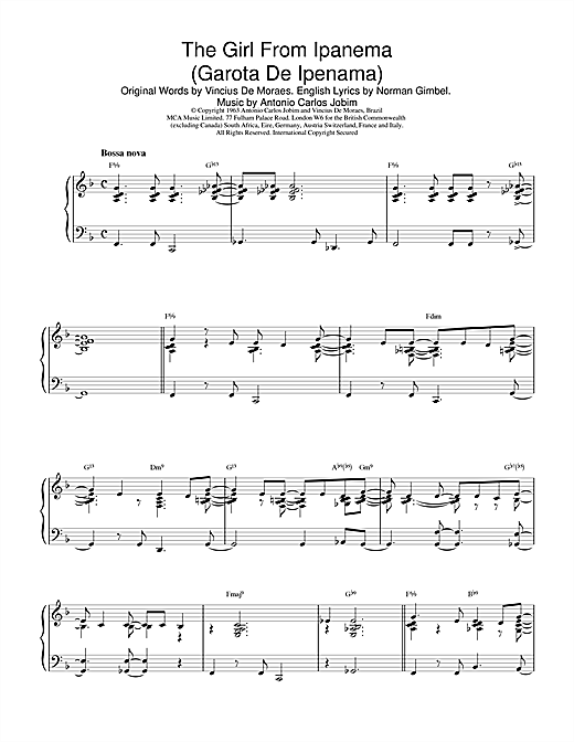 Preview Antonio Carlos Jobim The Girl From Ipanema (Garota De Ipanema) Jazz sheet music, notes and chords for Trumpet, SKU: 47548 sheet music, piano notes, chords, guitar tabs, score, transpose, transcribe, how to play, guide, download, learn, tutorial, progression, song, artist, awards, billboard, mtv, vh1, tour, single, album, release