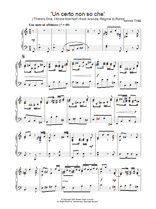 Preview Antonio Vivaldi Un certo non so che (There's One, I Know Him Not) from ‘Arsilda, Regina di Punto' Classical sheet music, notes and chords for Piano, SKU: 31888 Download Antonio Vivaldi Un certo non so che (There's One, I Know Him Not) from ‘Arsilda, Regina di Punto' sheet music and printable PDF score & Classical music notes
