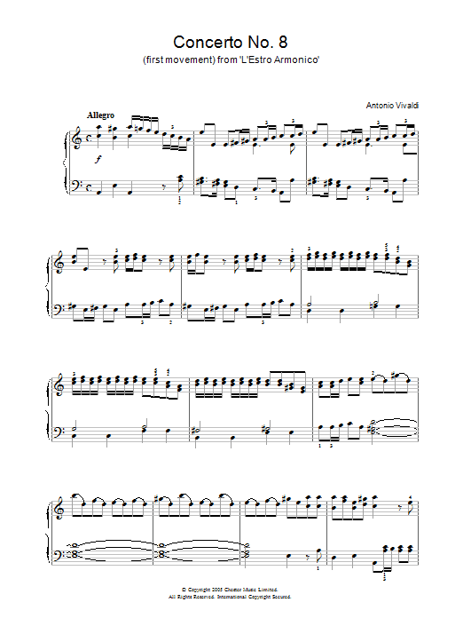 Preview Antonio Vivaldi Concerto No.8 (1st Movement: Allegro) from ‘L'Estro Armonico' Op.3 Classical sheet music, notes and chords for Piano, SKU: 31879 Download Antonio Vivaldi Concerto No.8 (1st Movement: Allegro) from ‘L'Estro Armonico' Op.3 sheet music and printable PDF score & Classical music notes