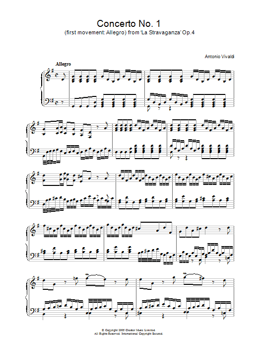 Preview Antonio Vivaldi Concerto No.1 (1st Movement: Allegro) from ‘La Stravaganza' Op.4 Classical sheet music, notes and chords for Piano, SKU: 31880 Download Antonio Vivaldi Concerto No.1 (1st Movement: Allegro) from ‘La Stravaganza' Op.4 sheet music and printable PDF score & Classical music notes