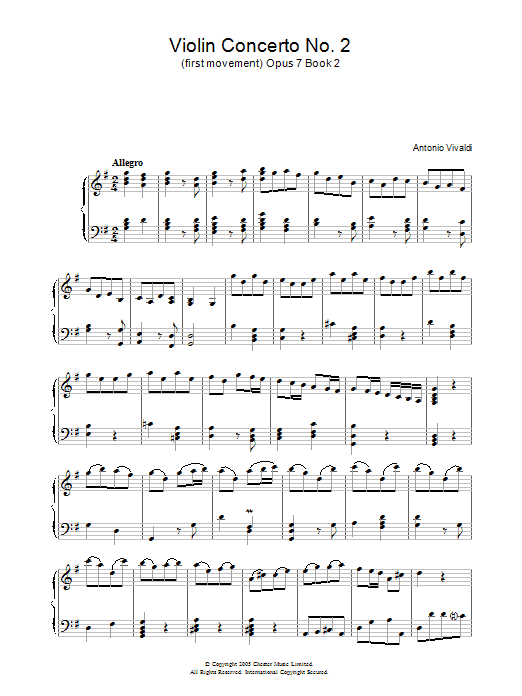 Preview Antonio Vivaldi Violin Concerto No.2 (1st Movement: Allegro Op.7, Book 2 Classical sheet music, notes and chords for Piano, SKU: 31883 Download Antonio Vivaldi Violin Concerto No.2 (1st Movement: Allegro Op.7, Book 2 sheet music and printable PDF score & Classical music notes