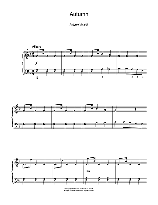 Antonio Vivaldi Autumn (from The Four Seasons) 3rd Movement Sheet Music & Chords for Beginner Piano - Download or Print PDF
