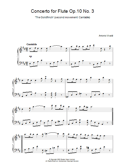 Preview Antonio Vivaldi Concerto for Flute Op.10, No.3 ‘The Goldfinch' (2nd Movement: Cantabile) Classical sheet music, notes and chords for Piano, SKU: 31885 Download Antonio Vivaldi Concerto for Flute Op.10, No.3 ‘The Goldfinch' (2nd Movement: Cantabile) sheet music and printable PDF score & Classical music notes