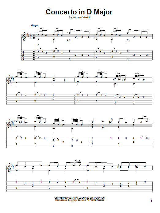 Preview Antonio Vivaldi Concerto In D Major Classical sheet music, notes and chords for Guitar Tab, SKU: 82783 Download Antonio Vivaldi Concerto In D Major sheet music and printable PDF score & Classical music notes