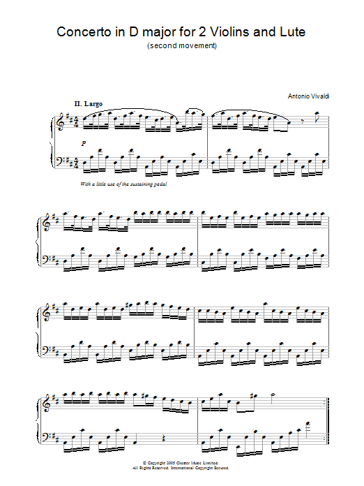 Preview Antonio Vivaldi Concerto in D major for 2 Violins and Lute (2nd Movement) Classical sheet music, notes and chords for Piano, SKU: 31915 Download Antonio Vivaldi Concerto in D major for 2 Violins and Lute (2nd Movement) sheet music and printable PDF score & Classical music notes