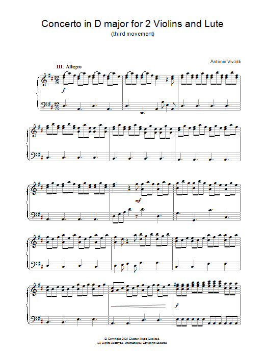 Preview Antonio Vivaldi Concerto in D major for 2 Violins and Lute (3rd Movement) Classical sheet music, notes and chords for Piano, SKU: 31916 Download Antonio Vivaldi Concerto in D major for 2 Violins and Lute (3rd Movement) sheet music and printable PDF score & Classical music notes