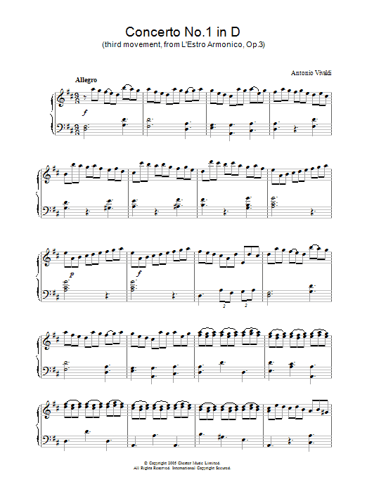 Preview Antonio Vivaldi Concerto No.1 (3rd Movement: Allegro) from ‘L'Estro Armonico' Op.3 Classical sheet music, notes and chords for Piano, SKU: 31917 Download Antonio Vivaldi Concerto No.1 (3rd Movement: Allegro) from ‘L'Estro Armonico' Op.3 sheet music and printable PDF score & Classical music notes