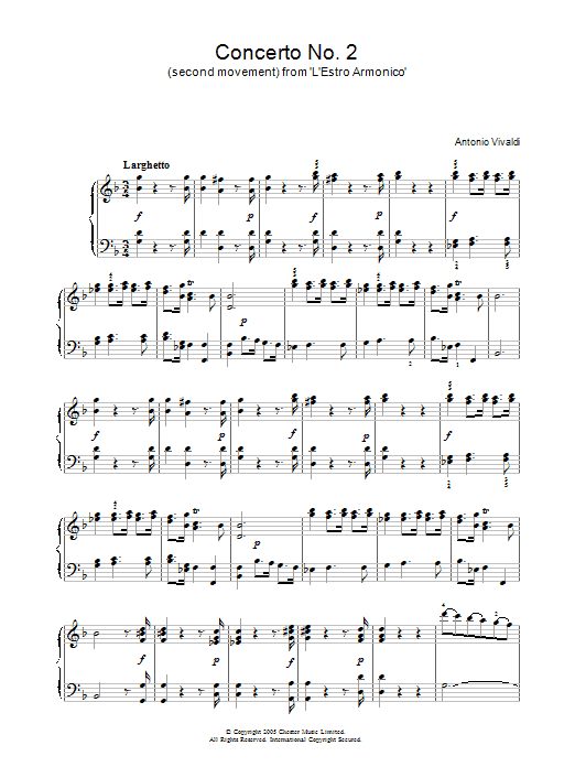 Preview Antonio Vivaldi Concerto No.2 (2nd Movement: Larghetto) from ‘L'Estro Armonico' Op.3 Classical sheet music, notes and chords for Piano, SKU: 31877 Download Antonio Vivaldi Concerto No.2 (2nd Movement: Larghetto) from ‘L'Estro Armonico' Op.3 sheet music and printable PDF score & Classical music notes