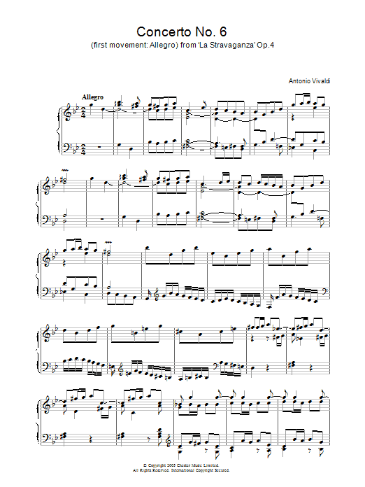 Preview Antonio Vivaldi Concerto No.6 (1st Movement: Allegro) from ‘La Stravaganza' Op.4 Classical sheet music, notes and chords for Piano, SKU: 31881 Download Antonio Vivaldi Concerto No.6 (1st Movement: Allegro) from ‘La Stravaganza' Op.4 sheet music and printable PDF score & Classical music notes