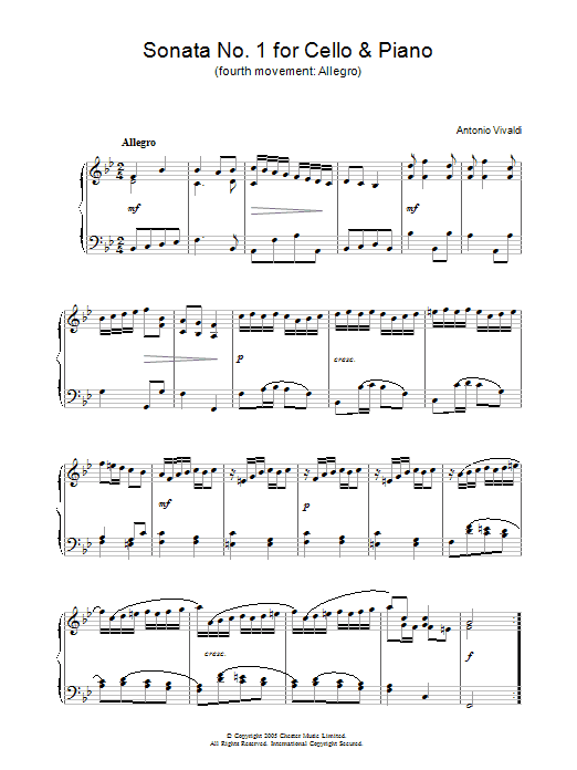 Preview Antonio Vivaldi Sonata No.1 for Cello & Piano (4th Movement: Allegro) Classical sheet music, notes and chords for Piano, SKU: 31886 Download Antonio Vivaldi Sonata No.1 for Cello & Piano (4th Movement: Allegro) sheet music and printable PDF score & Classical music notes