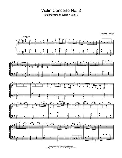 Preview Antonio Vivaldi Violin Concerto No.2 (1st Movement: Allegro Op.7, Book 2 Classical sheet music, notes and chords for Piano, SKU: 31883 sheet music, piano notes, chords, guitar tabs, score, transpose, transcribe, how to play, guide, download, learn, tutorial, progression, song, artist, awards, billboard, mtv, vh1, tour, single, album, release