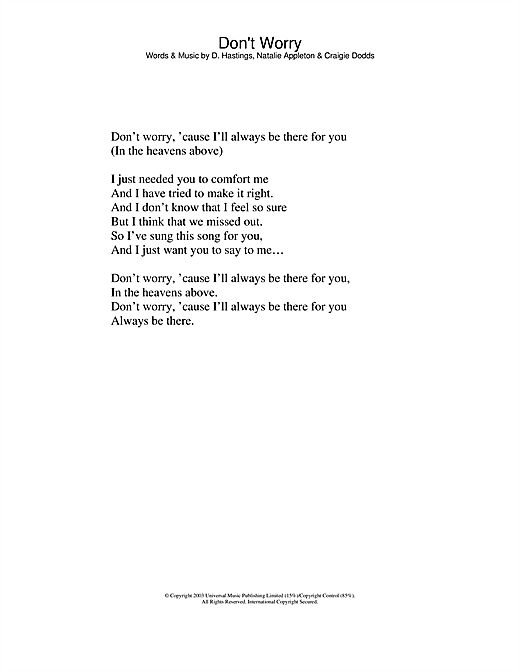 Preview Appleton Don't Worry Pop sheet music, notes and chords for Lyrics Only, SKU: 23801 sheet music, piano notes, chords, guitar tabs, score, transpose, transcribe, how to play, guide, download, learn, tutorial, progression, song, artist, awards, billboard, mtv, vh1, tour, single, album, release