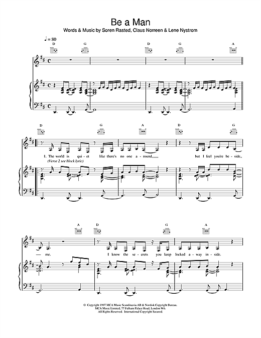 Preview Aqua Be a Man Pop sheet music, notes and chords for Piano, Vocal & Guitar (Right-Hand Melody), SKU: 15166 sheet music, piano notes, chords, guitar tabs, score, transpose, transcribe, how to play, guide, download, learn, tutorial, progression, song, artist, awards, billboard, mtv, vh1, tour, single, album, release