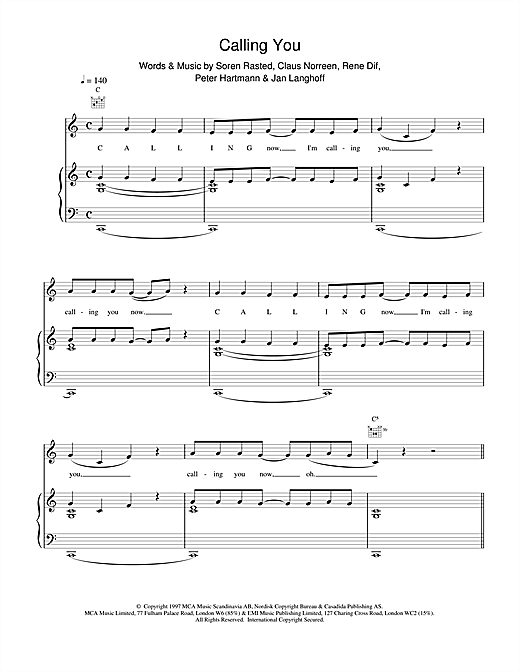 Preview Aqua Calling You Pop sheet music, notes and chords for Piano, Vocal & Guitar (Right-Hand Melody), SKU: 15167 sheet music, piano notes, chords, guitar tabs, score, transpose, transcribe, how to play, guide, download, learn, tutorial, progression, song, artist, awards, billboard, mtv, vh1, tour, single, album, release
