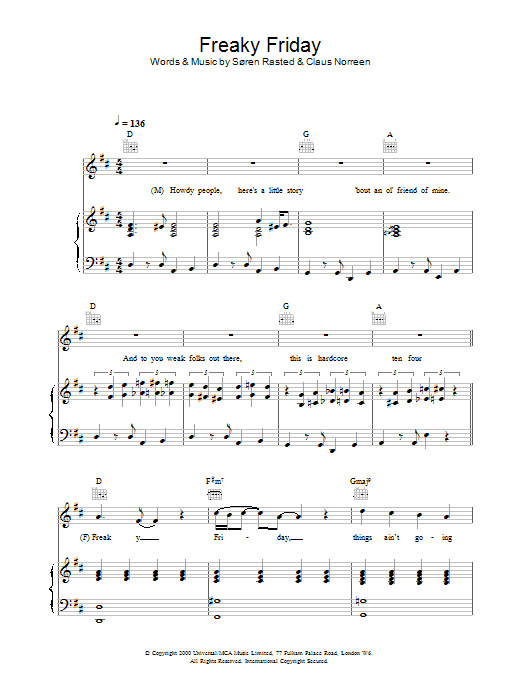 Download Aqua Freaky Friday sheet music and printable PDF score & Pop music notes