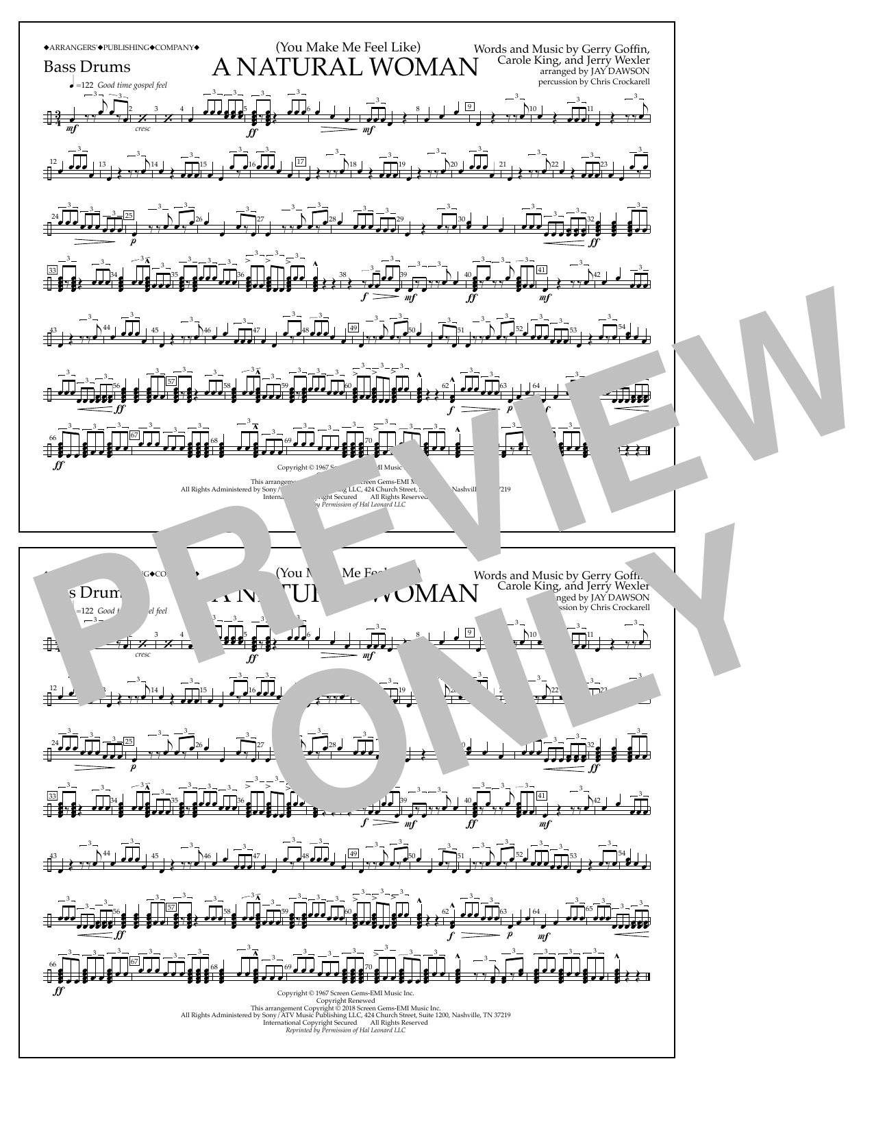 Preview Aretha Franklin (You Make Me Feel Like) A Natural Woman (arr. Jay Dawson) - Bass Drums Pop sheet music, notes and chords for Marching Band, SKU: 403616 Download Aretha Franklin (You Make Me Feel Like) A Natural Woman (arr. Jay Dawson) - Bass Drums sheet music and printable PDF score & Pop music notes