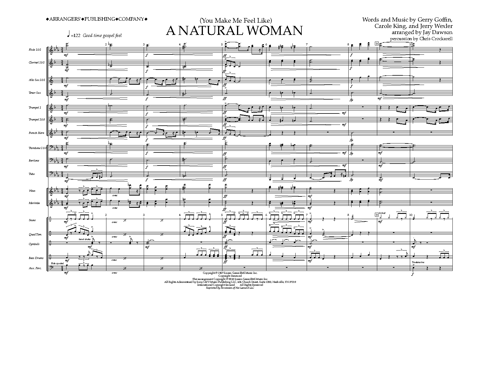 Preview Aretha Franklin (You Make Me Feel Like) A Natural Woman (arr. Jay Dawson) - Full Score Pop sheet music, notes and chords for Marching Band, SKU: 403590 Download Aretha Franklin (You Make Me Feel Like) A Natural Woman (arr. Jay Dawson) - Full Score sheet music and printable PDF score & Pop music notes