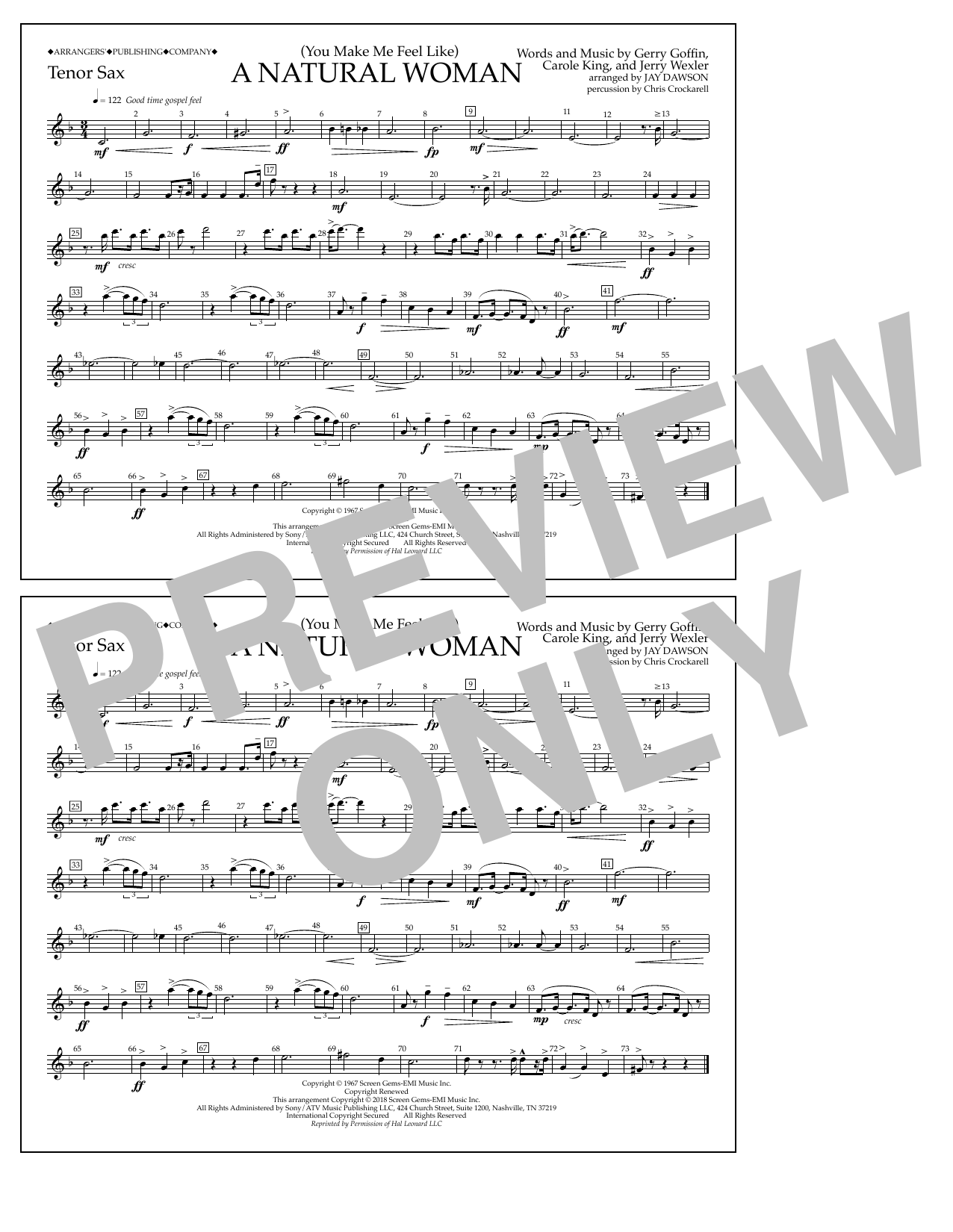 Preview Aretha Franklin (You Make Me Feel Like) A Natural Woman (arr. Jay Dawson) - Tenor Sax Pop sheet music, notes and chords for Marching Band, SKU: 403598 Download Aretha Franklin (You Make Me Feel Like) A Natural Woman (arr. Jay Dawson) - Tenor Sax sheet music and printable PDF score & Pop music notes