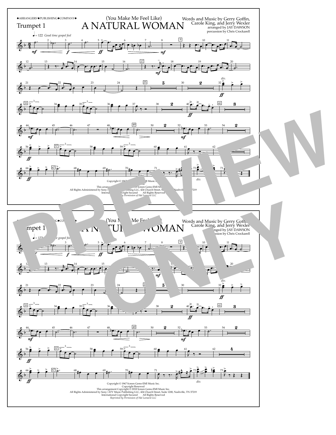 Preview Aretha Franklin (You Make Me Feel Like) A Natural Woman (arr. Jay Dawson) - Trumpet 1 Pop sheet music, notes and chords for Marching Band, SKU: 403600 Download Aretha Franklin (You Make Me Feel Like) A Natural Woman (arr. Jay Dawson) - Trumpet 1 sheet music and printable PDF score & Pop music notes