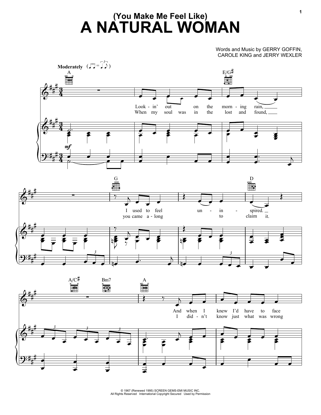 Preview Aretha Franklin (You Make Me Feel Like) A Natural Woman Pop sheet music, notes and chords for Piano, Vocal & Guitar (Right-Hand Melody), SKU: 18296 sheet music, piano notes, chords, guitar tabs, score, transpose, transcribe, how to play, guide, download, learn, tutorial, progression, song, artist, awards, billboard, mtv, vh1, tour, single, album, release